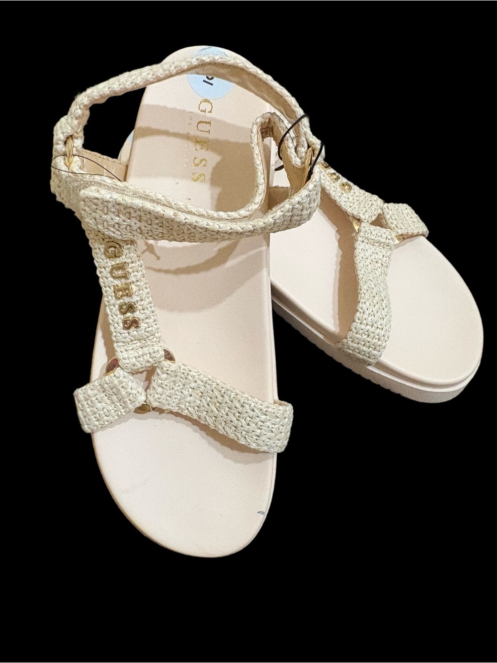 GUESS Braided Ivory T-Strap Sandals with Gold Logo⭐️NWT⭐️